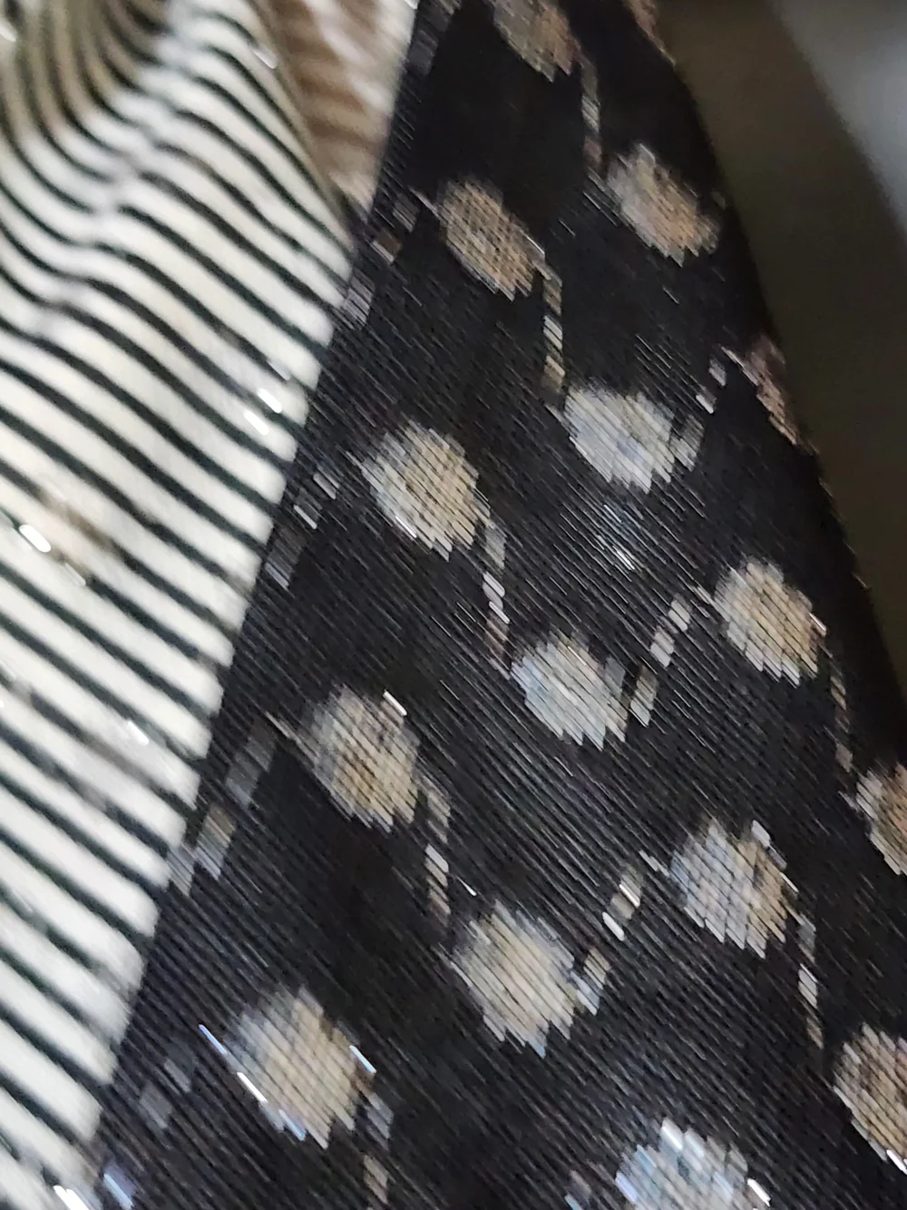 Vintage 80s Bow Neck Scarf Black White Striped Polka Dot Shimmer Oblong